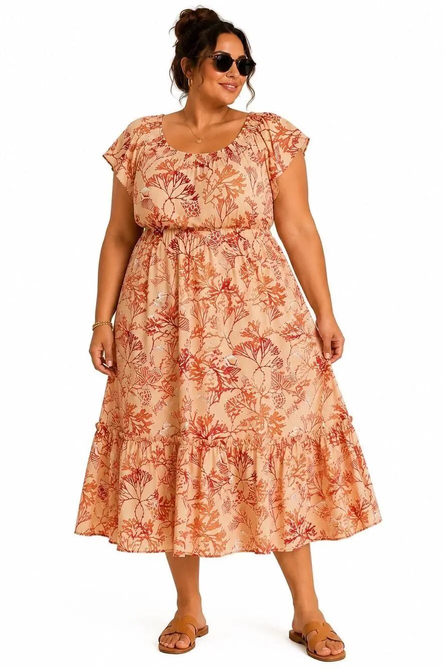 Liz Claiborne Cream Coral Print Smocked Boho Off Shoulder Maxi Dress XL